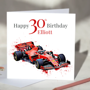 Ferrari Formula One F1 Birthday Card Personalise with Age and Name from the Sports Car Racing Birthday Cards store collection.